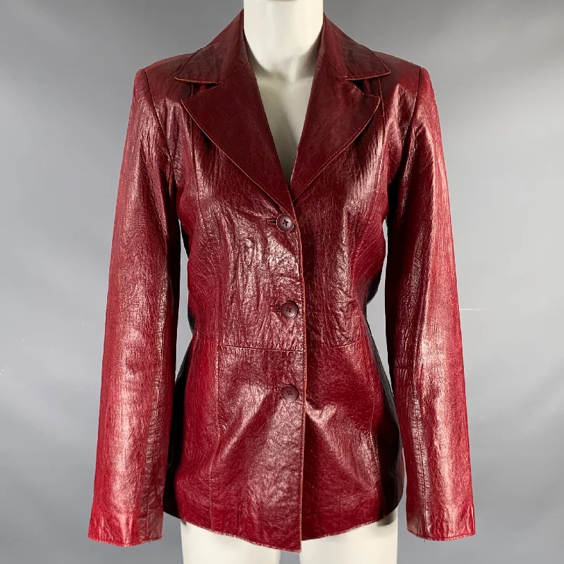 JOHN CARLISLE Size S Red Leather Solid Button Down Jacket Appliqued Jacket Beaded Jacket Sequined Jacket