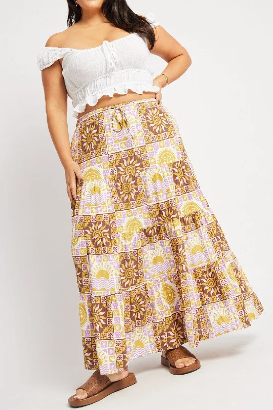 Beige Abstract Tiered Maxi Skirt leather skirt sleek