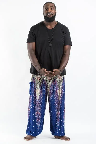 Plus Size Unisex Peacock Feathers Harem Pants in Blue Comfortable Maternity Pants