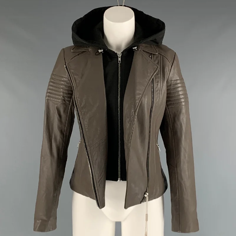 SOIA & KYO Size XS Grey Black Leather Mixed Materials Hooded Jacket Fleece Jacket Down Jacket Feather Jacket