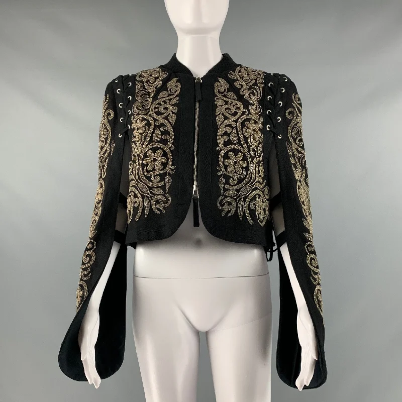 DRIES VAN NOTEN Size M Black Silver Wool Beaded Cropped Jacket Collared Jacket Crew Neck Jacket Turtle Neck Jacket