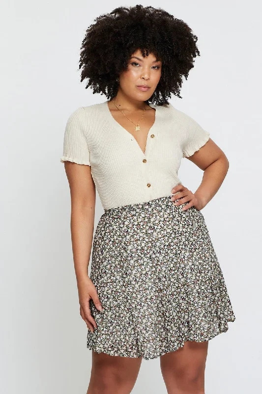 Floral Print Mini Wrap Skirt Ruffle Hem wool skirt sturdy