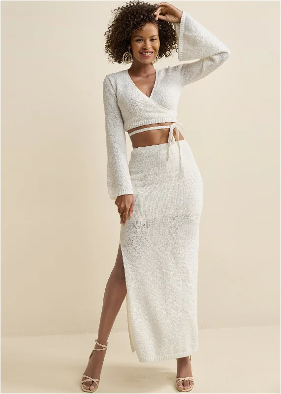Two-Piece Sweater Dress - Off White High Neck Crew Neck V-Neck