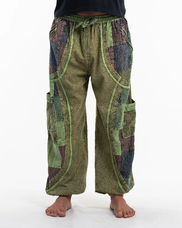 Unisex Patchwork Stone Washed Cargo Cotton Pants in Green 02 Casual Plaid Pants