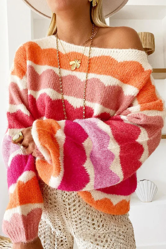 Wave Striped Balloon Sleeve Drop Shoulder Sweater Boxy Sweater Fitted Sweater A-Line
