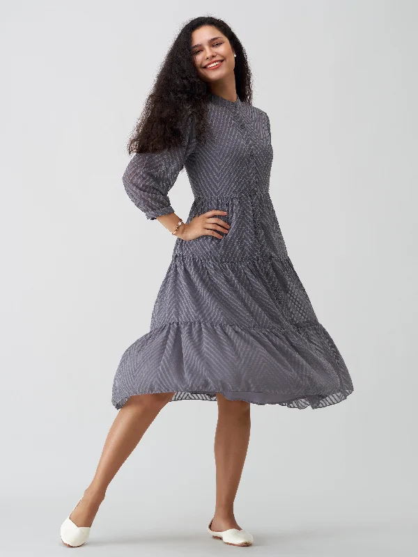 Grey Crepe Chiffon Swiss Dot Boat Neck Tunic Top with Jacket Fleece Fabric Down Fabric Feather Fabric