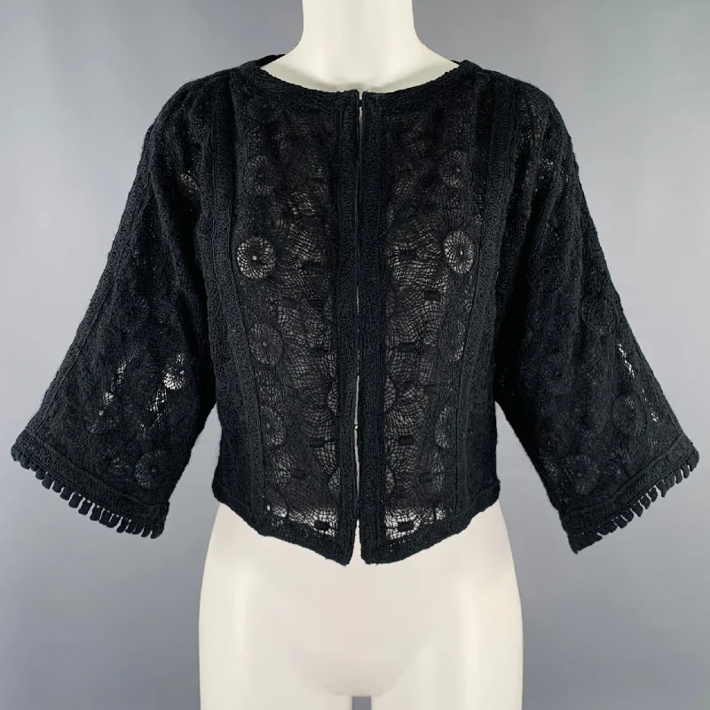 ANDREW GN Size 4 Black Wool Blend Crochet 3/4 Sleeves Jacket Fitted Jacket Loose Jacket Oversized Jacket
