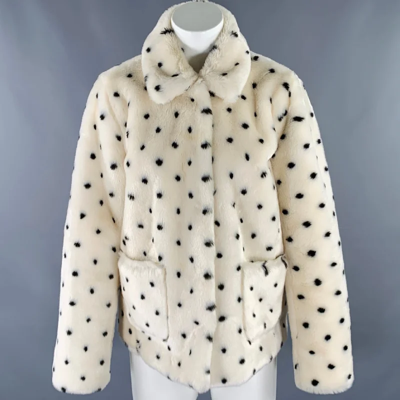 REBECCA TAYLOR Size S White Black Acrylic Dots Faux Fur Snaps Jacket Collared Jacket Crew Neck Jacket Turtle Neck Jacket
