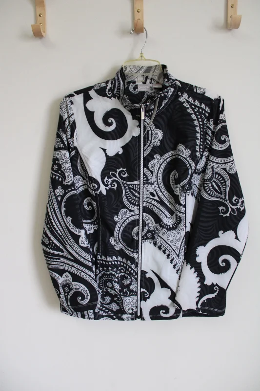 NEW Chico's Zenergy Black Paisley Light Jacket | 1 (M/8) Ribbed Jacket Pleated Jacket Ruffled Jacket