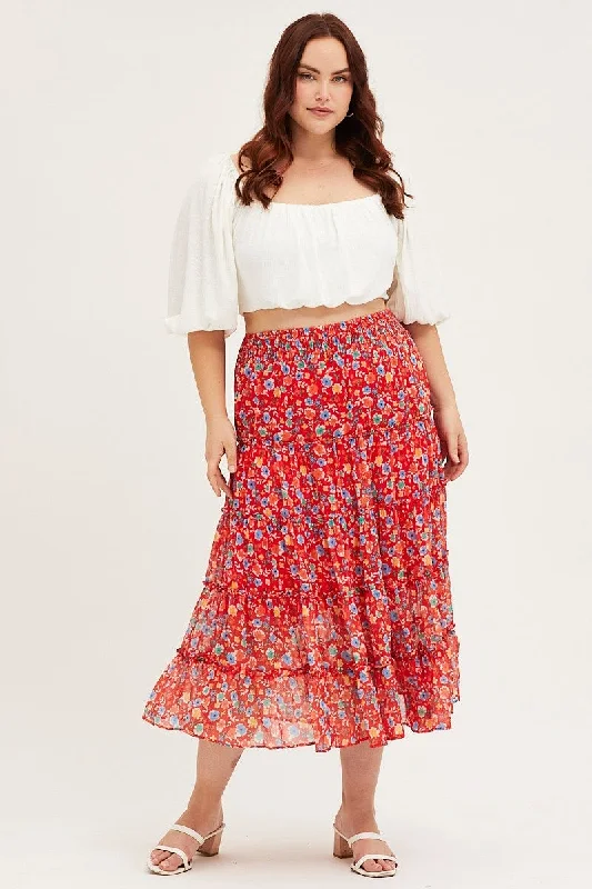 Floral Print Maxi Skirt Elastic Waist chiffon skirt airy