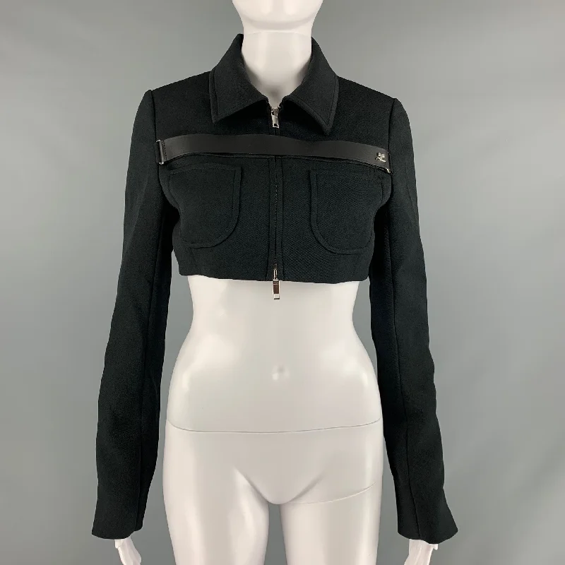 COURREGES Size 4 Black Polyester Blend Cropped Jacket Front Pockets Side Pockets Patch Pockets