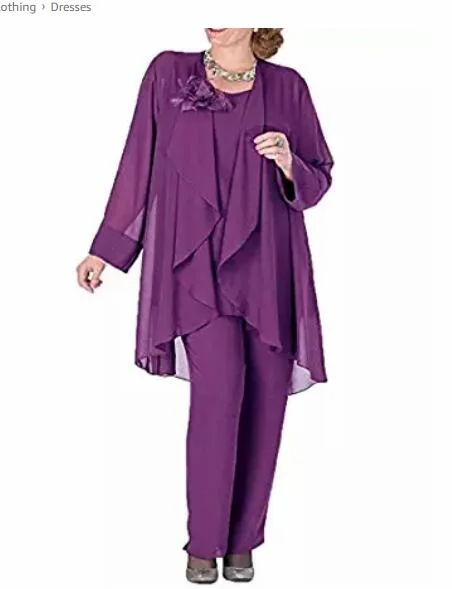 Purple Flower Mother of the Bride Dresses with Jacket 3 Pieces Chiffon Dressy Pant Suits Wedding Outfit Toggled Jacket Drawstring Jacket Belted Jacket