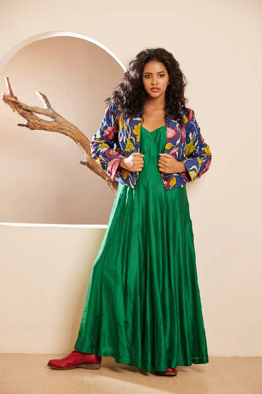 Chennai Green Muslin Dress with Silk Handpainted Mirror Embroidered Jacket Front Pockets Side Pockets Patch Pockets