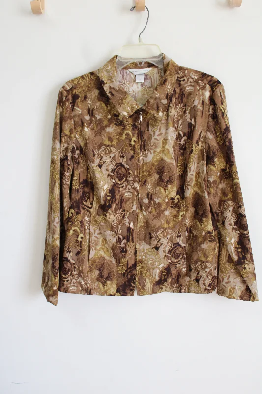 Christopher & Banks Brown Patterned Sueded Jacket | L Nylon Jacket Polyester Jacket Spandex Jacket