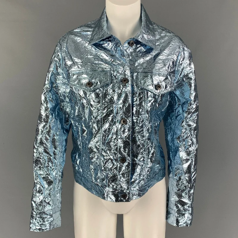 SIES MARJAN Size 2 Blue Metallic Wrinkled Trucker Jacket Chenille Jacket Brocade Jacket Lace Jacket