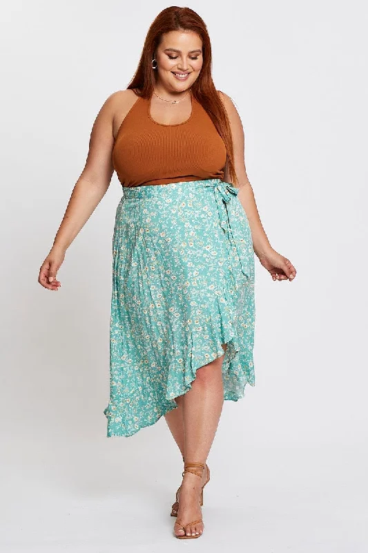 Floral Print Maxi Skirt Ruffle Hem cashmere skirt plush