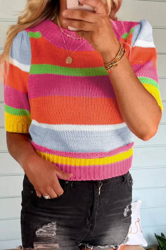 Color Block Cropped Short Sleeve Sweater Fleece Fabric Down Fabric Feather Fabric