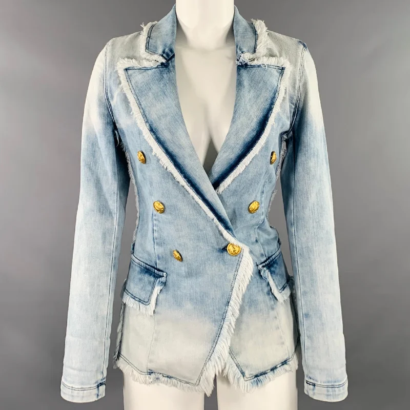 L'AGENCE Size XS Blue Cotton Blend Denim Double Breasted Peak Lapel Jacket Knit Jacket Woven Jacket Fleece Jacket