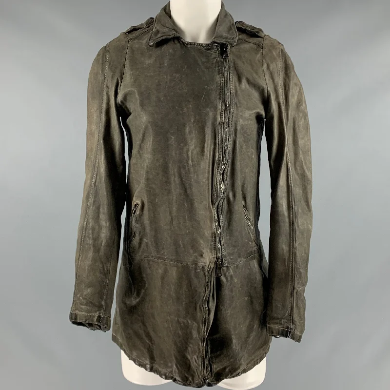 GIORGIO BRATO Size 6 Grey Leather Distressed Zip Up Jacket Herringbone Jacket Houndstooth Jacket Plaid Jacket