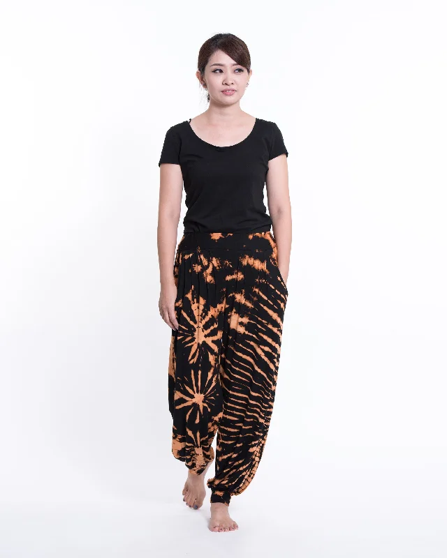 Unisex Tie Dye Cotton Harem Pants in Black Orange Casual Yoga Pants