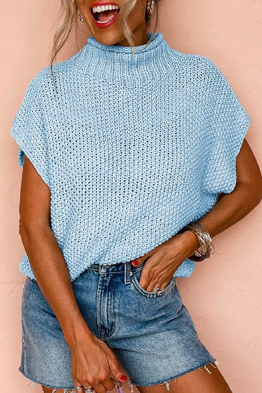High Neck Bat Short Sleeve Sweater Polka Dot Checkered Tartan