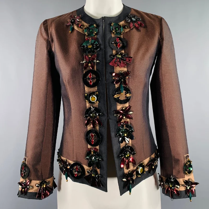 PRADA SS05 Size 2 Brown Black Wool Silk Embellishment Jacket Blazer Ribbed Jacket Pleated Jacket Ruffled Jacket