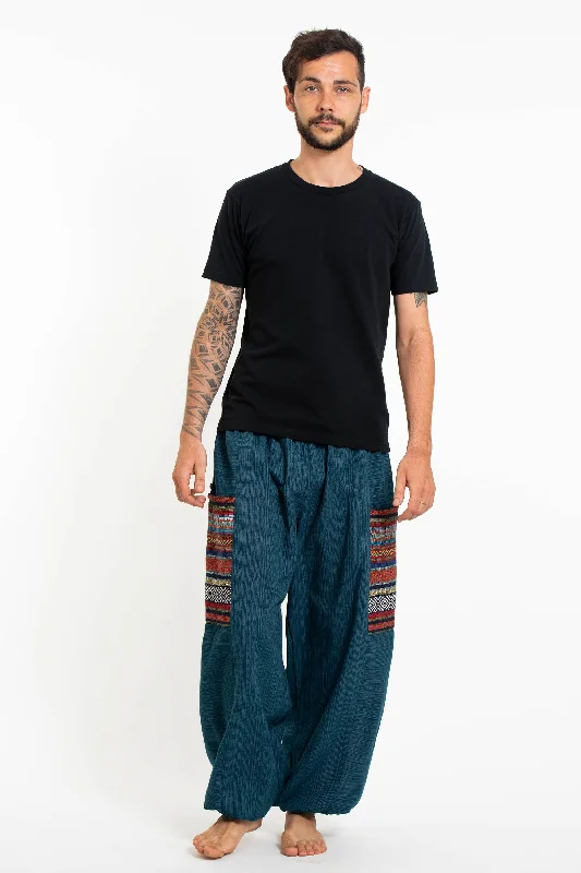 Unisex Pinstripe Cotton Pants with Aztec Pocket in Turquoise High-Waist Jeans