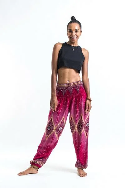 Unisex Diamond Peacock Harem Pants in Red Classic Cropped Pants