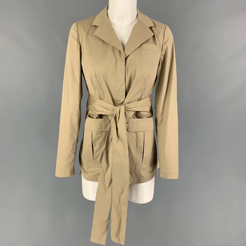 PRADA Size 4 Beige Cotton Blend Ruched Back Belted Jacket Zip Front Button Front Snap Front