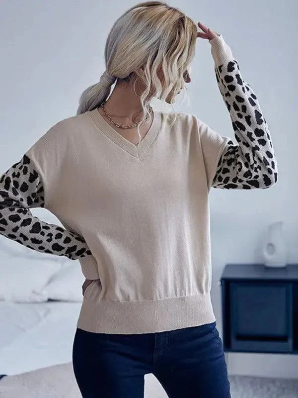 V-Neck Knitted Sweater Top Women With Wild Print Sleeves Toggled Drawstring Belted
