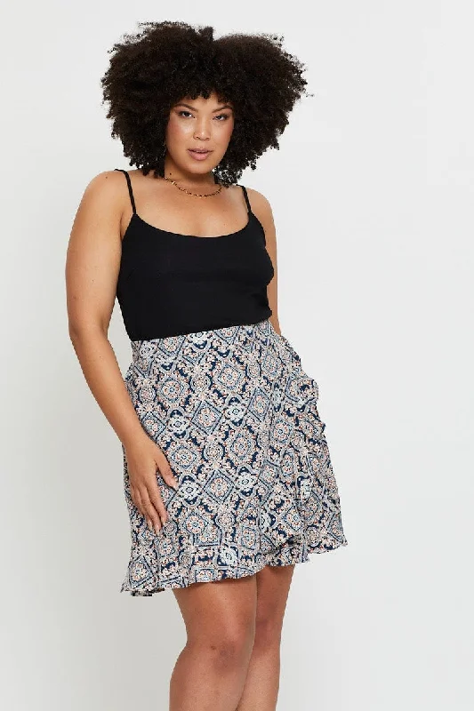 Paisley Pr Mini Skirt Ruffle Hem linen skirt light