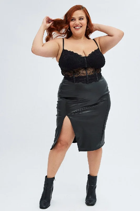 Black Split Skirt Midi Faux Leather velvet skirt glossy