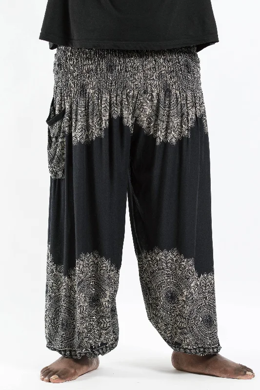 Plus Size Unisex Floral Mandalas Harem Pants in Black Classic Stretch Pants
