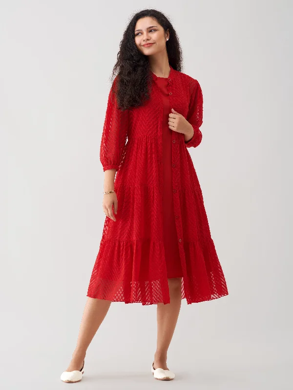 Red Wine Crepe Chiffon Swiss Dot Boat Neck Tunic Top with Jacket Nylon Fabric Polyester Fabric Spandex Fabric