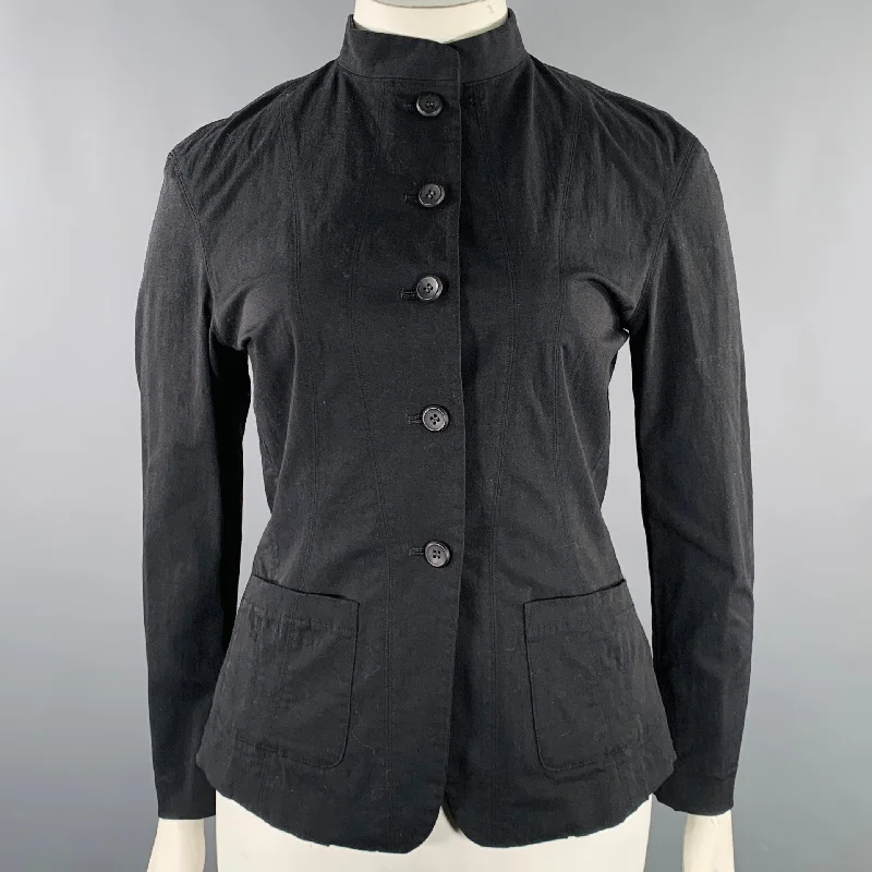 ISSEY MIYAKE Size L Black Nylon Blend Single Breasted Collarless Jacket Notch Collar Jacket Peter Pan Collar Jacket Cowl Neck Jacket