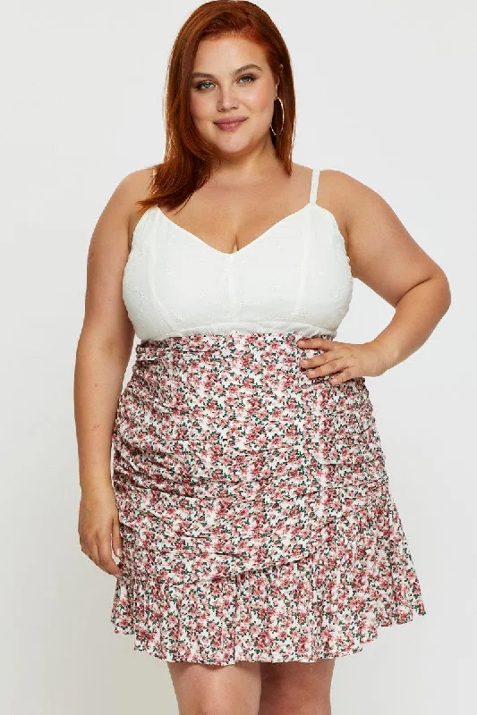 Floral Print Mini Skirt Ruffle Hem low waist skirt