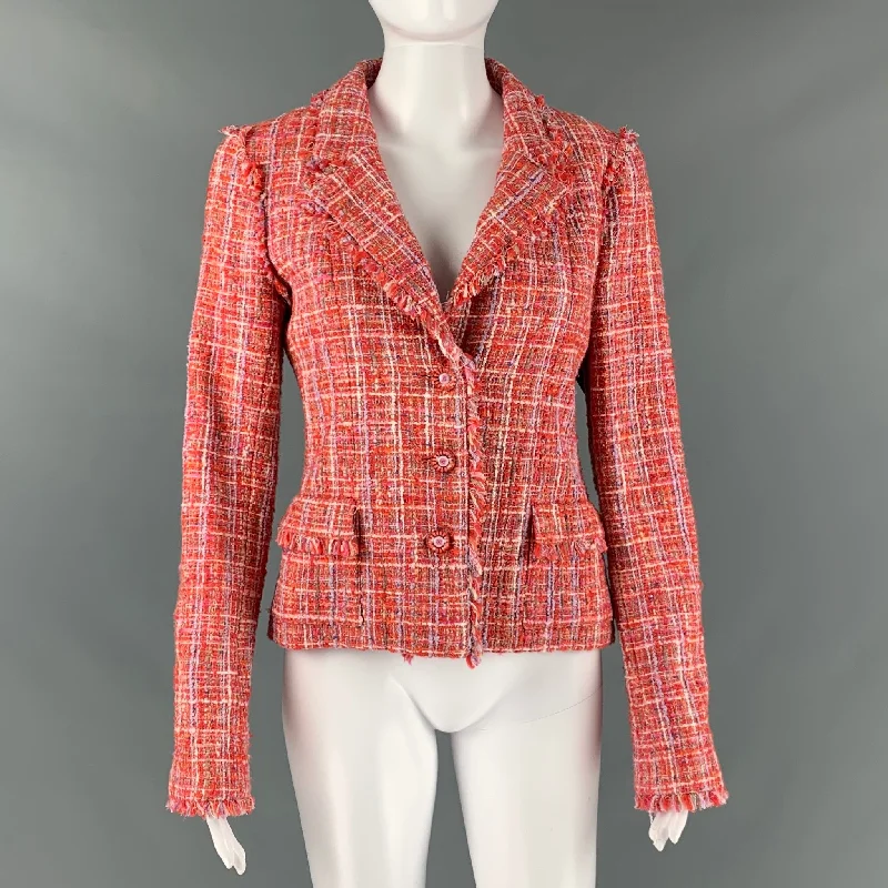 CHANEL P23159V13825 Size 4 Red White Cotton Blend Single breasted Jacket Faux Fur Jacket Real Fur Jacket Shearling Jacket