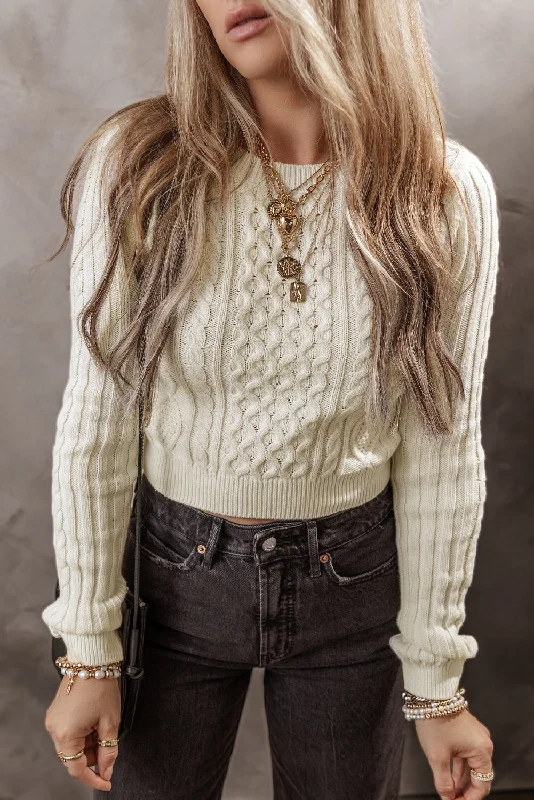 Cable Knit Cropped Sweater Glossy Satin Silk