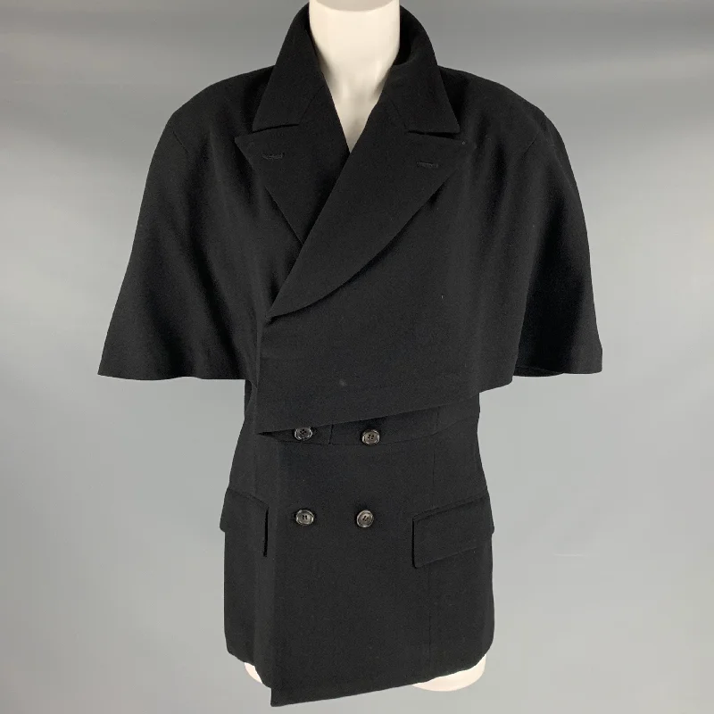 COMME des GARCONS 1980s Size S Black Double Breasted Wool Jacket Boat Neck Shawl Collar Notched Collar