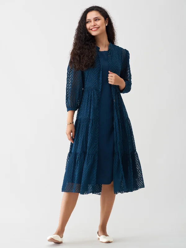 Nile Blue Crepe Chiffon Swiss Dot Boat Neck Tunic Top with Jacket Cotton Fabric Linen Fabric Terry Fabric