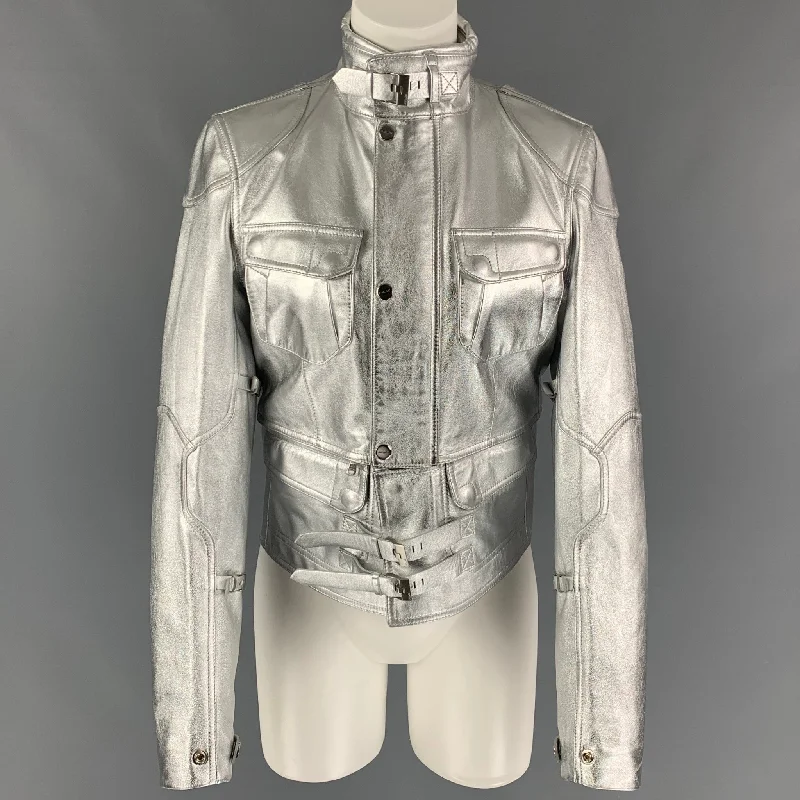 RALPH LAUREN Black Label Size M Silver Leather Metallic Lambskin Jacket Chenille Fabric Brocade Fabric Lace Fabric RALPH LAUREN Black Label Size M Silver Leather Metallic Lambskin Jacket Chenille Fabric Brocade Fabric Lace Fabric