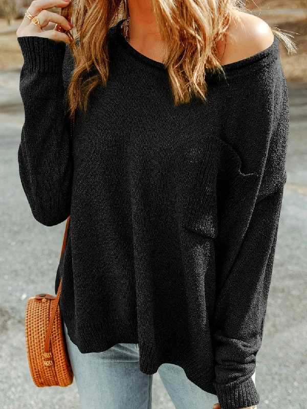 Black Rib-Knit Off-Shoulder Sweater with Pocket Handmade Hand-knitted Hand-woven