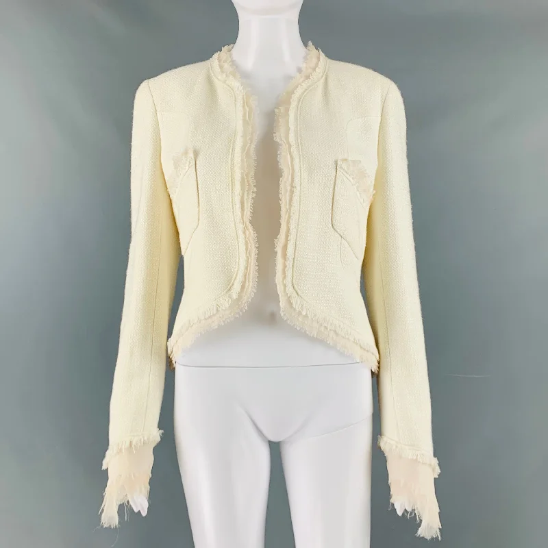 CHANEL Size 8 Cream Cotton Acrylic Textured Jacket Herringbone Jacket Checkered Jacket Solid Jacket