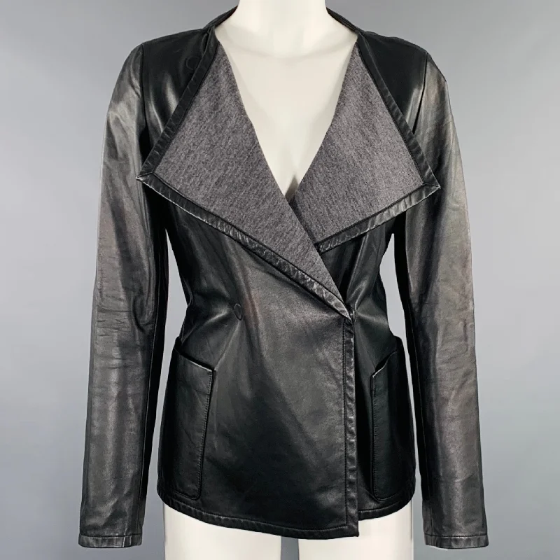 AKRIS Size 4 Black Wool Lambskin Leather Snaps Jacket Fitted Jacket Loose Jacket Oversized Jacket