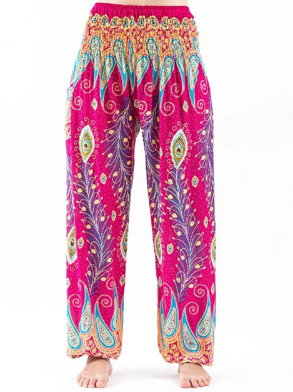 Unisex Peacock Paisley Harem Pants in Pink Comfortable Denim Trousers