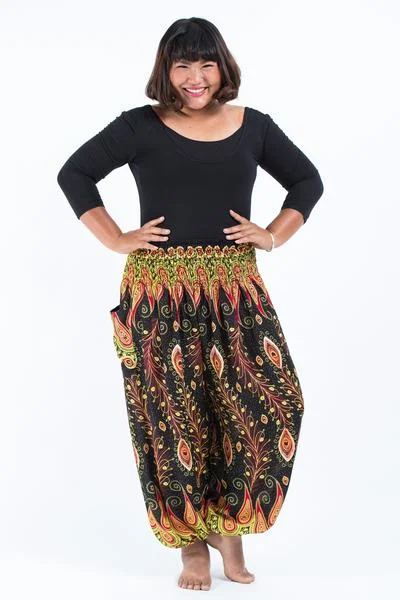 Plus Size Unisex Peacock Paisley Harem Pants in Black Warm Wool Trousers