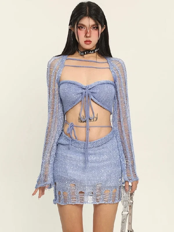 Polly Solid Color Distressed Knitted Halter Cropped Top + Low Waist Strap Mini Skirt Matching Set corduroy skirt textured