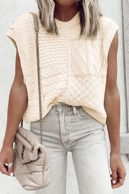 Beige Slouchy Cable Knit Dolman Sleeveless Sweater Vest Rayon Fabric Velvet Fabric Corduroy Fabric