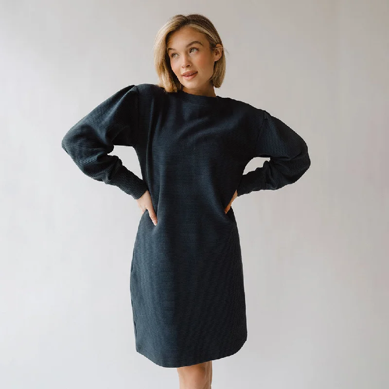 Atlas Ribbed Sweater Dress, Navy Ribbed Striped Patterned