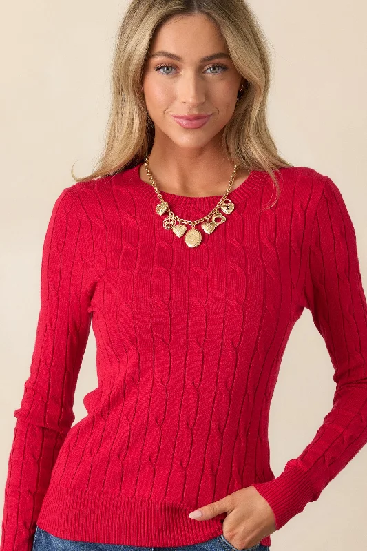 Softly Spoken Red Cable Knit Sweater Boat Neck Shawl Collar Notched Collar